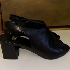 Eileen Fisher Black leather open toe bootie heels with sling back. Size 8.5